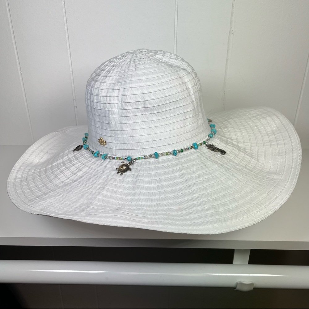 Cappelli White Beaded Wide Brim Floppy Hat Sun Hat Beach Hat Wire Brim One Size